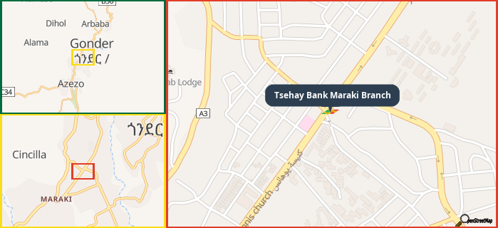 Map showing the address of Tsehay Bank Maraki Branch in three different zoom levels.