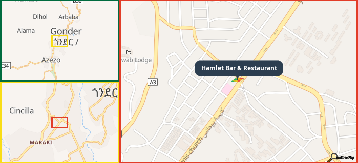 Map showing the address of Hamlet Bar & Restaurant in three different zoom levels.