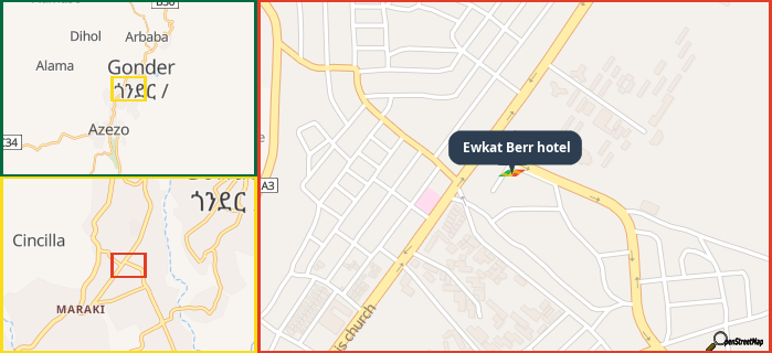 Map showing the address of Ewkat Berr hotel in three different zoom levels.