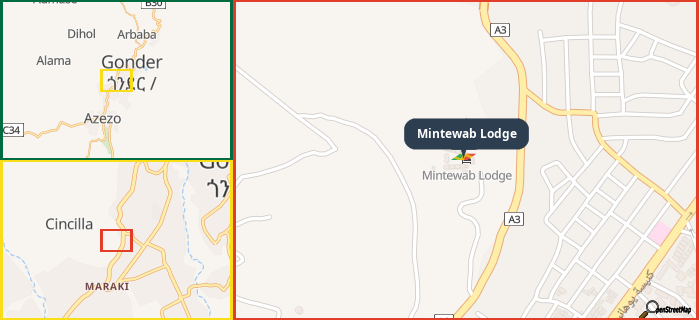 Map showing the address of Mintewab Lodge in three different zoom levels.
