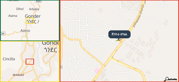 Map showing the address of ሸንኮራ ሆቴል in three different zoom levels.