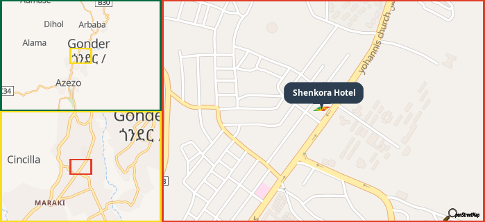 Map showing the address of Shenkora Hotel in three different zoom levels.