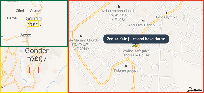 Map showing the address of Zodiac Kafe Juice and Kake House in three different zoom levels.