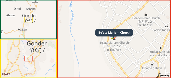 Map showing the address of Be'ata Mariam Church in three different zoom levels.