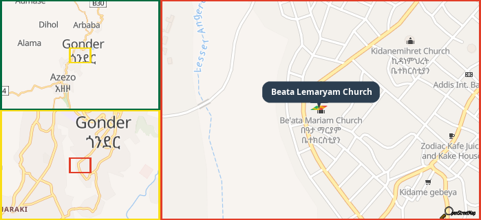 Map showing the address of Beata Lemaryam Church in three different zoom levels.