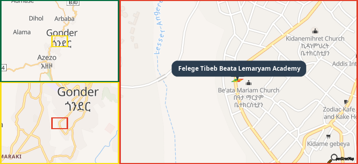 Map showing the address of Felege Tibeb Beata Lemaryam Academy in three different zoom levels.