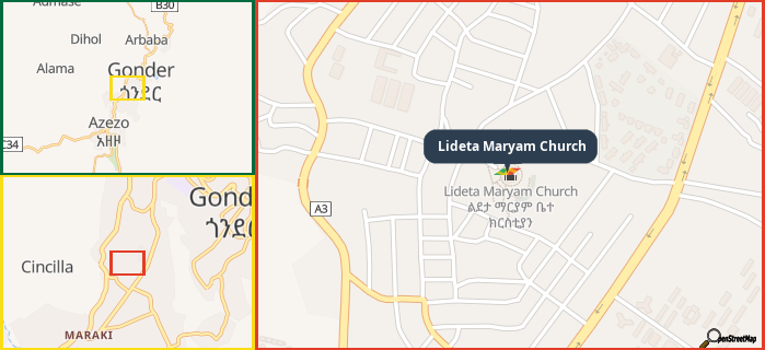 Map showing the address of Lideta Maryam Church in three different zoom levels.