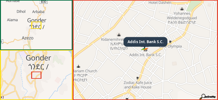 Map showing the address of Addis Int. Bank S.C. in three different zoom levels.