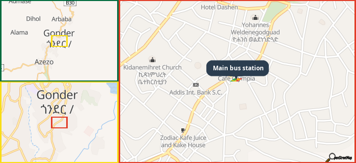 Map showing the address of Main bus station in three different zoom levels.