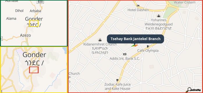 Map showing the address of Tsehay Bank Jantekel Branch in three different zoom levels.