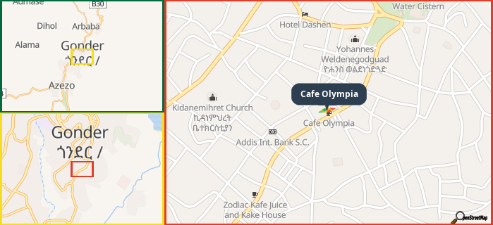 Map showing the address of Cafe Olympia in three different zoom levels.