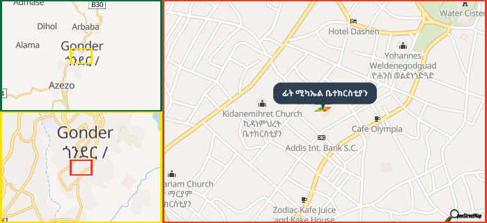 Map showing the address of ፊት ሚካኤል ቤተክርስቲያን in three different zoom levels.