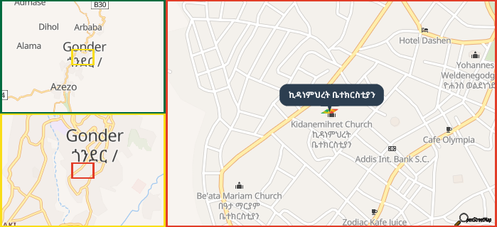Map showing the address of ኪዳነምህረት ቤተክርስቲያን in three different zoom levels.