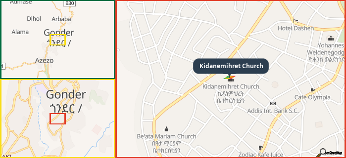 Map showing the address of Kidanemihret Church in three different zoom levels.