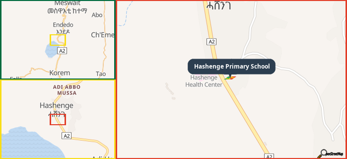 Map showing the address of Hashenge Primary School in three different zoom levels.