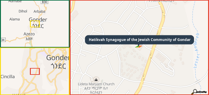 Map showing the address of Hatikvah Synagogue of the Jewish Community of Gondar in three different zoom levels.