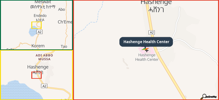 Map showing the address of Hashenge Health Center in three different zoom levels.