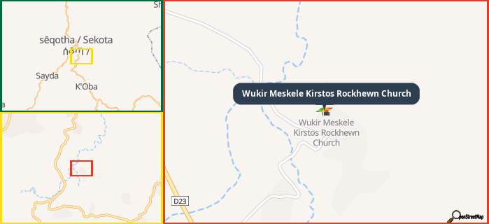 Map showing the address of Wukir Meskele Kirstos Rockhewn Church in three different zoom levels.