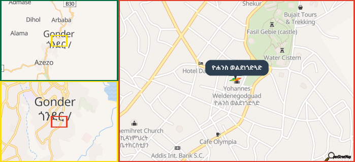 Map showing the address of ዮሐንስ ወልደነጎድጓድ in three different zoom levels.