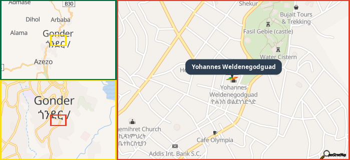 Map showing the address of Yohannes Weldenegodguad in three different zoom levels.