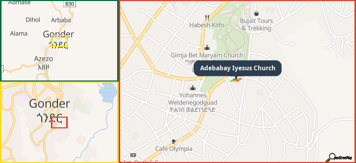 Map showing the address of Adebabay Iyesus Church in three different zoom levels.