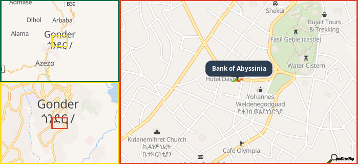 Map showing the address of Bank of Abyssinia in three different zoom levels.