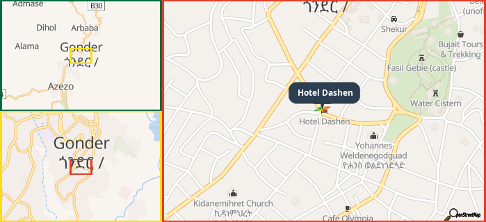 Map showing the address of Hotel Dashen in three different zoom levels.
