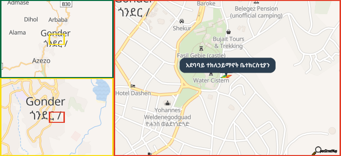Map showing the address of አደባባይ ተክለኃይማኖት ቤተክርስቲያን in three different zoom levels.