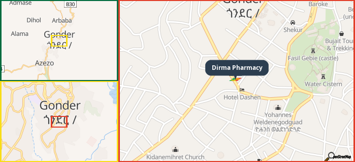 Map showing the address of Dirma Pharmacy in three different zoom levels.