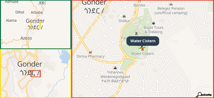 Map showing the address of Water Cistern in three different zoom levels.