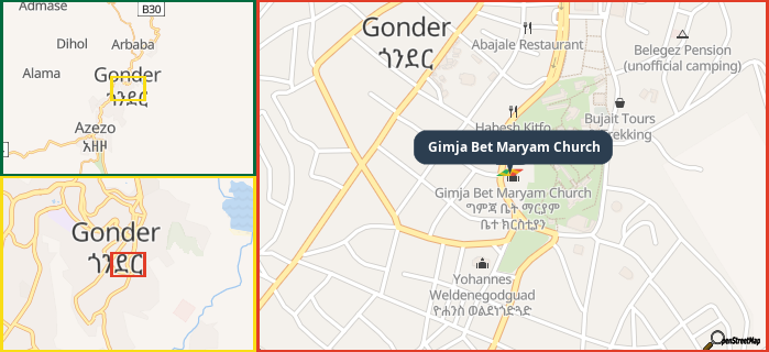 Map showing the address of Gimja Bet Maryam Church in three different zoom levels.