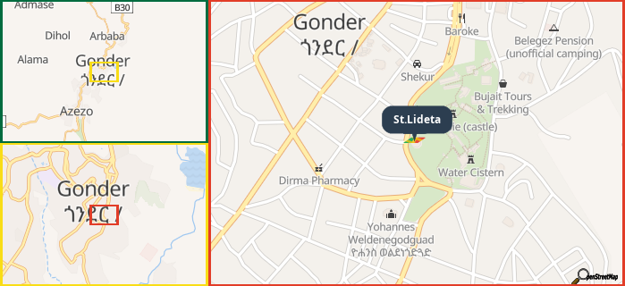 Map showing the address of St.Lideta in three different zoom levels.