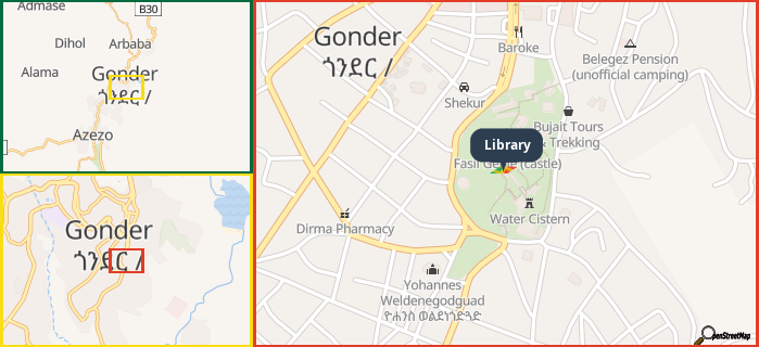 Map showing the address of Library in three different zoom levels.