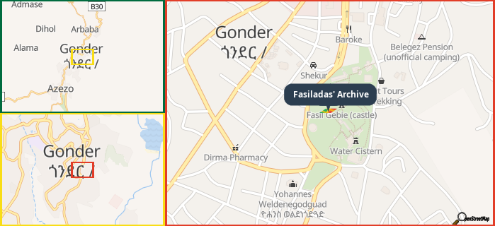 Map showing the address of Fasiladas' Archive in three different zoom levels.