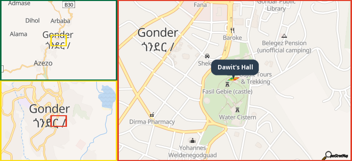 Map showing the address of Dawit's Hall in three different zoom levels.