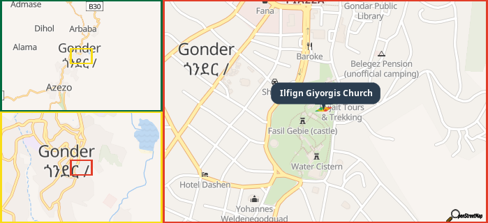 Map showing the address of Ilfign Giyorgis Church in three different zoom levels.