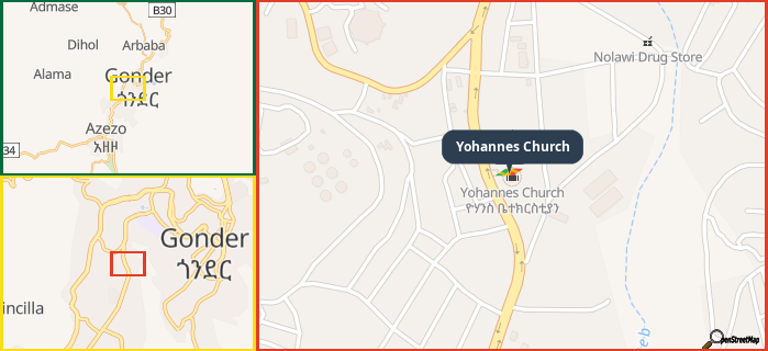 Map showing the address of Yohannes Church in three different zoom levels.