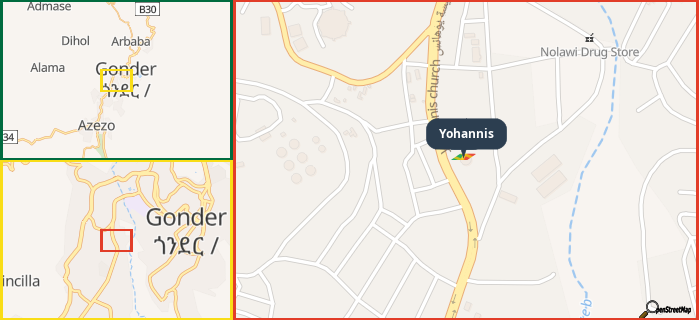 Map showing the address of Yohannis in three different zoom levels.