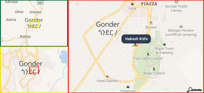 Map showing the address of Habesh Kitfo in three different zoom levels.