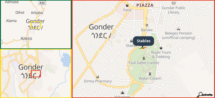 Map showing the address of Stables in three different zoom levels.