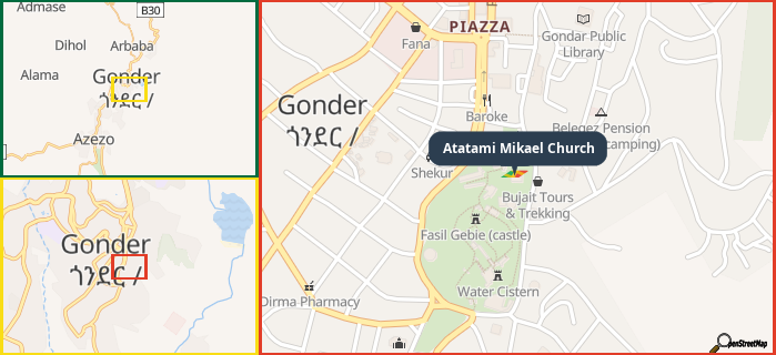 Map showing the address of Atatami Mikael Church in three different zoom levels.