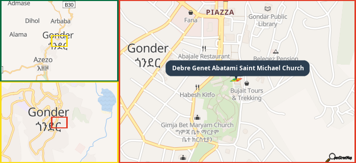 Map showing the address of Debre Genet Abatami Saint Michael Church in three different zoom levels.