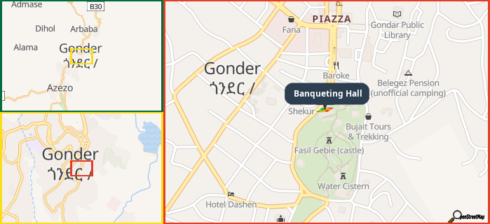 Map showing the address of Banqueting Hall in three different zoom levels.