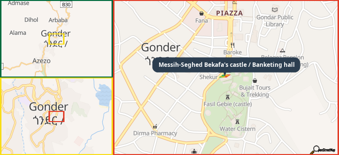 Map showing the address of Messih-Seghed Bekafa's castle / Banketing hall in three different zoom levels.