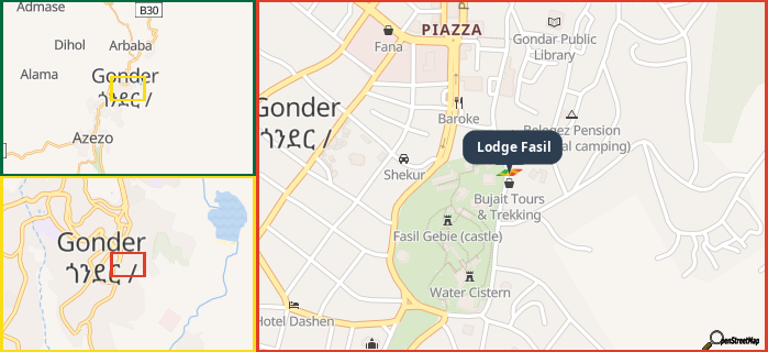 Map showing the address of Lodge Fasil in three different zoom levels.