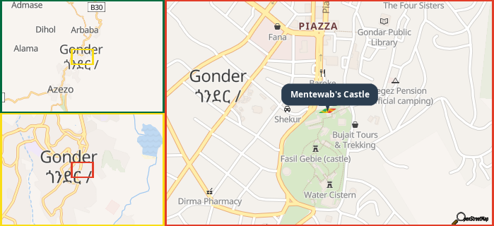 Map showing the address of Mentewab's Castle in three different zoom levels.