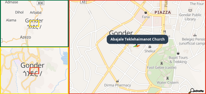 Map showing the address of Abajale Teklehaimanot Church in three different zoom levels.