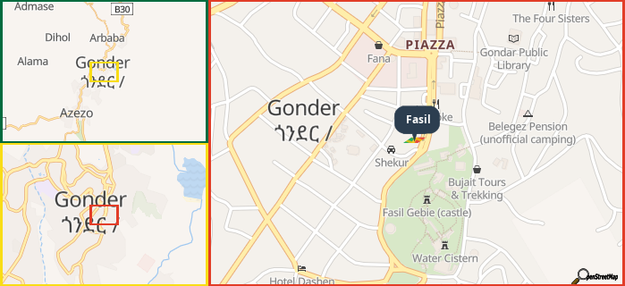 Map showing the address of Fasil in three different zoom levels.