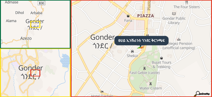 Map showing the address of ፀሀይ ኢንሹራንስ ጎንደር ቅርንጫፍ in three different zoom levels.