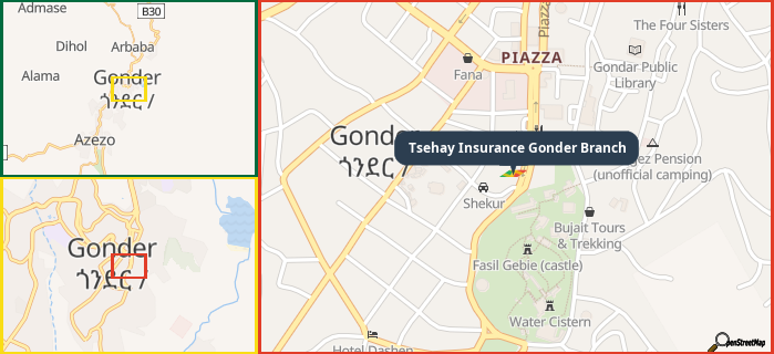 Map showing the address of Tsehay Insurance Gonder Branch in three different zoom levels.